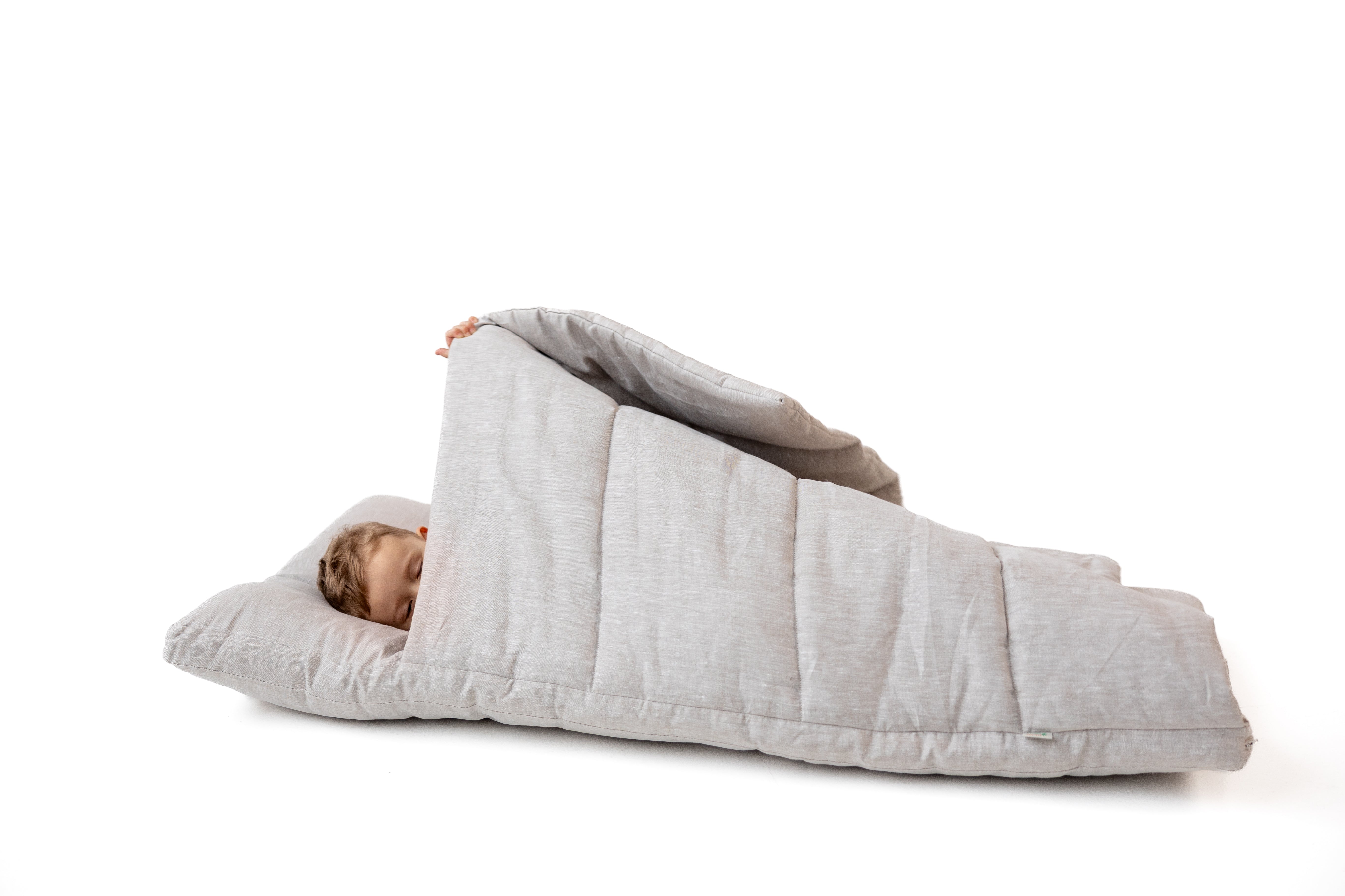 25"Wx52"L(64x132cm) Kids Hemp Linen Sleeping Bag with Mat, Pillow & Removable Cover/Kindergarten Nap/Preschool/Hemp Fiber Filling in Linen