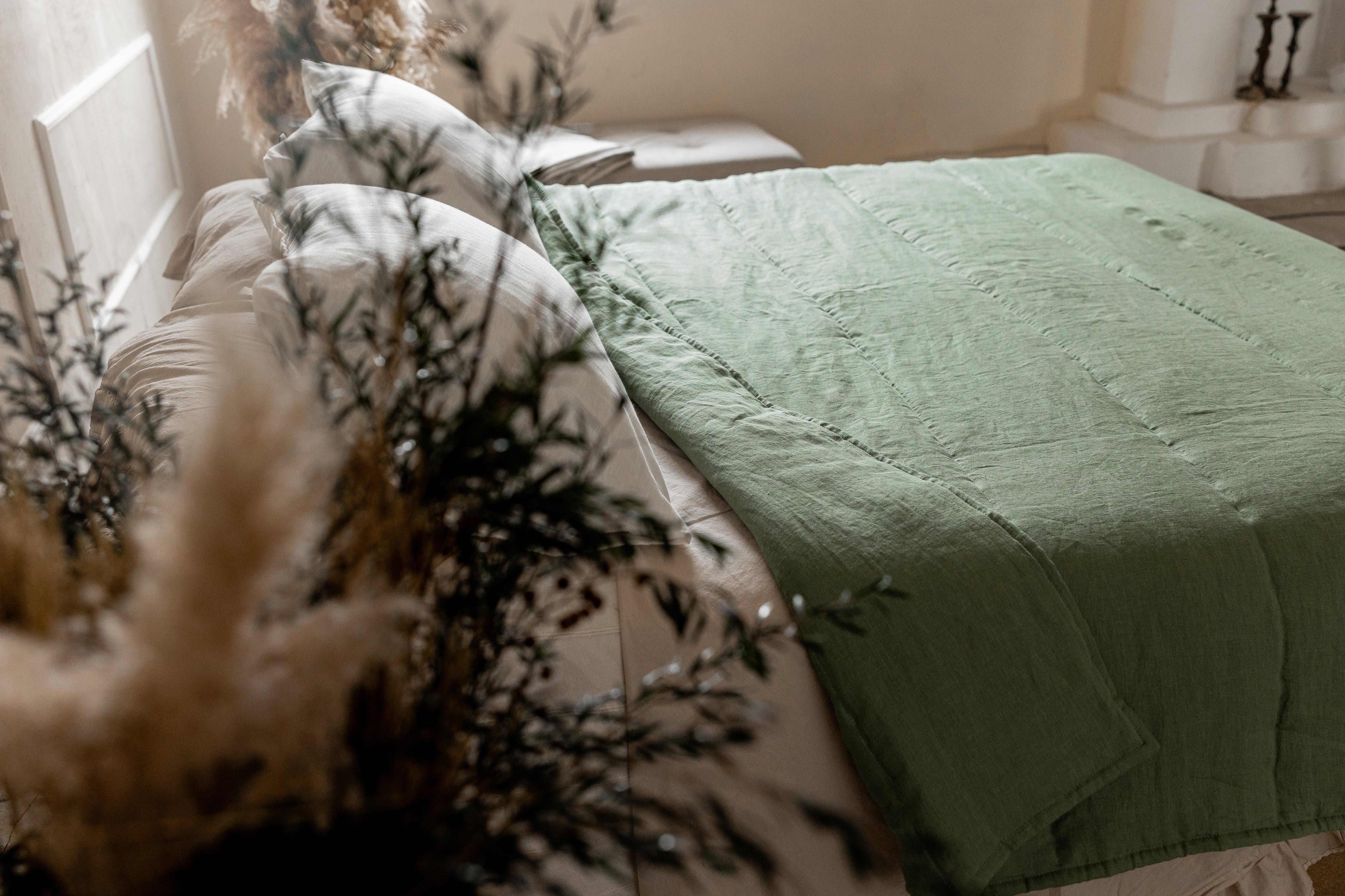 Natural Hemp Linen Blanket "light olive" quilt - linen fabric filled organic Hemp fiber - Full Twin Queen King Custom size