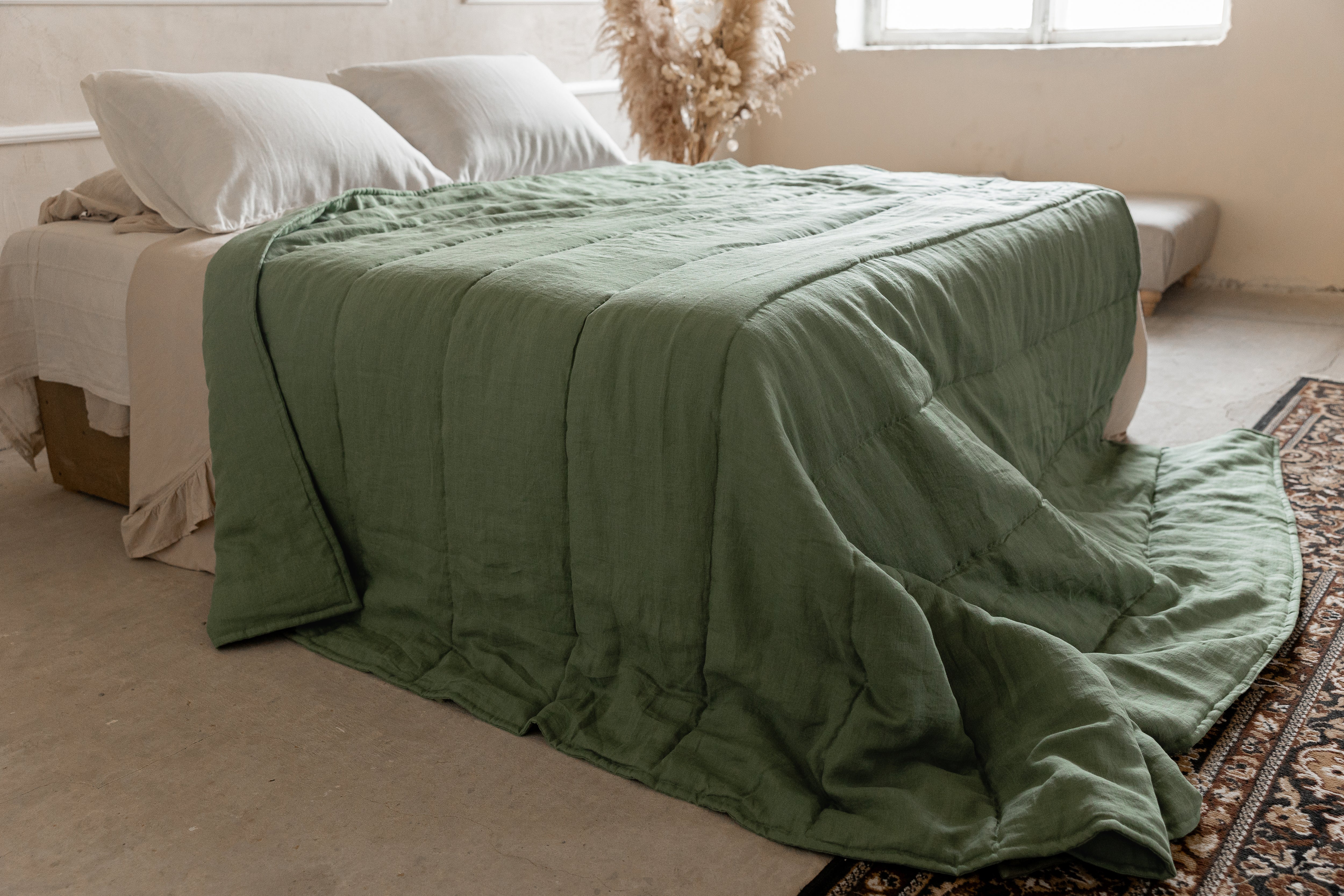Natural Hemp Linen Blanket "light olive" quilt - linen fabric filled organic Hemp fiber - Full Twin Queen King Custom size