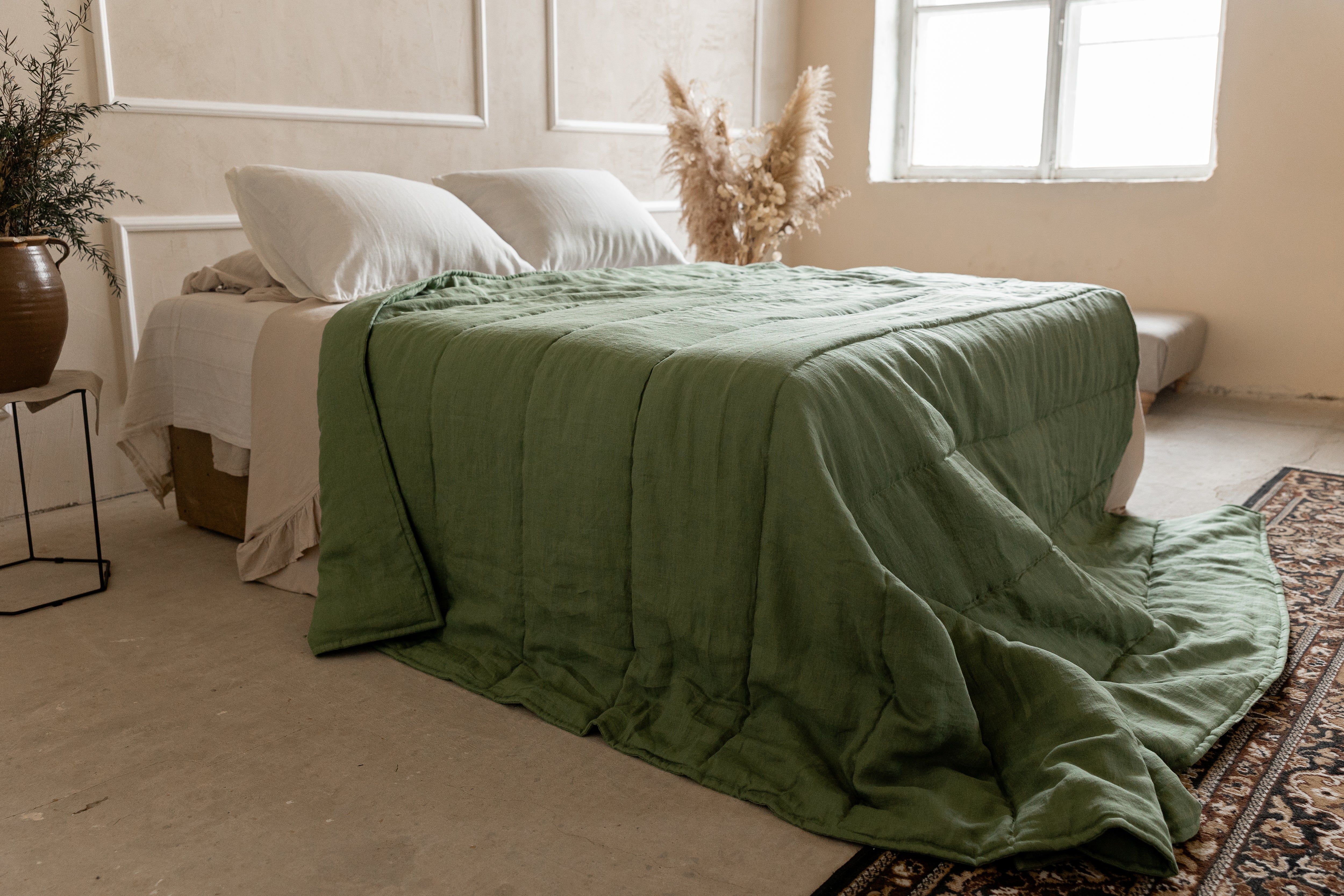 Natural Hemp Linen Blanket "light olive" quilt - linen fabric filled organic Hemp fiber - Full Twin Queen King Custom size