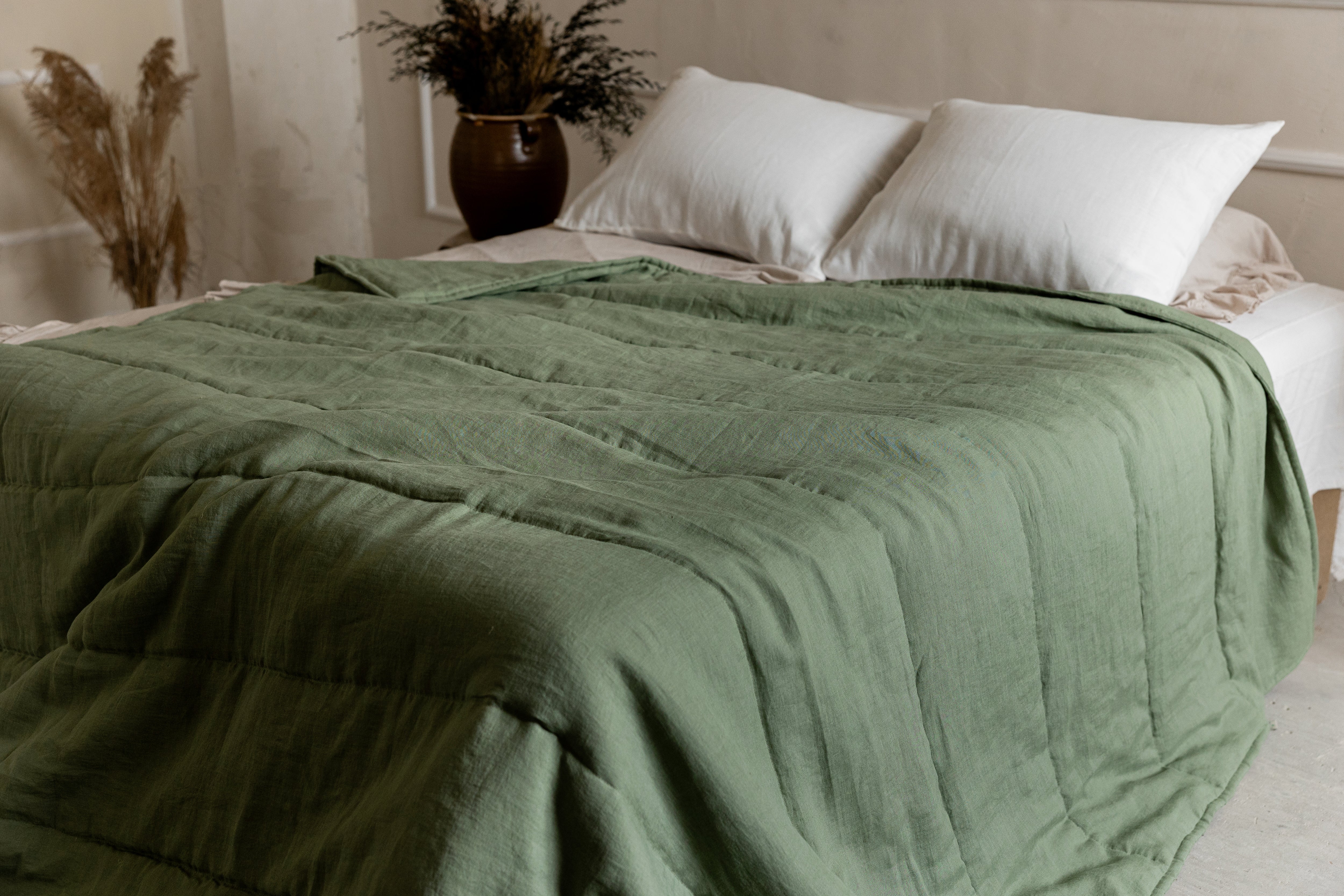 Natural Hemp Linen Blanket "light olive" quilt - linen fabric filled organic Hemp fiber - Full Twin Queen King Custom size