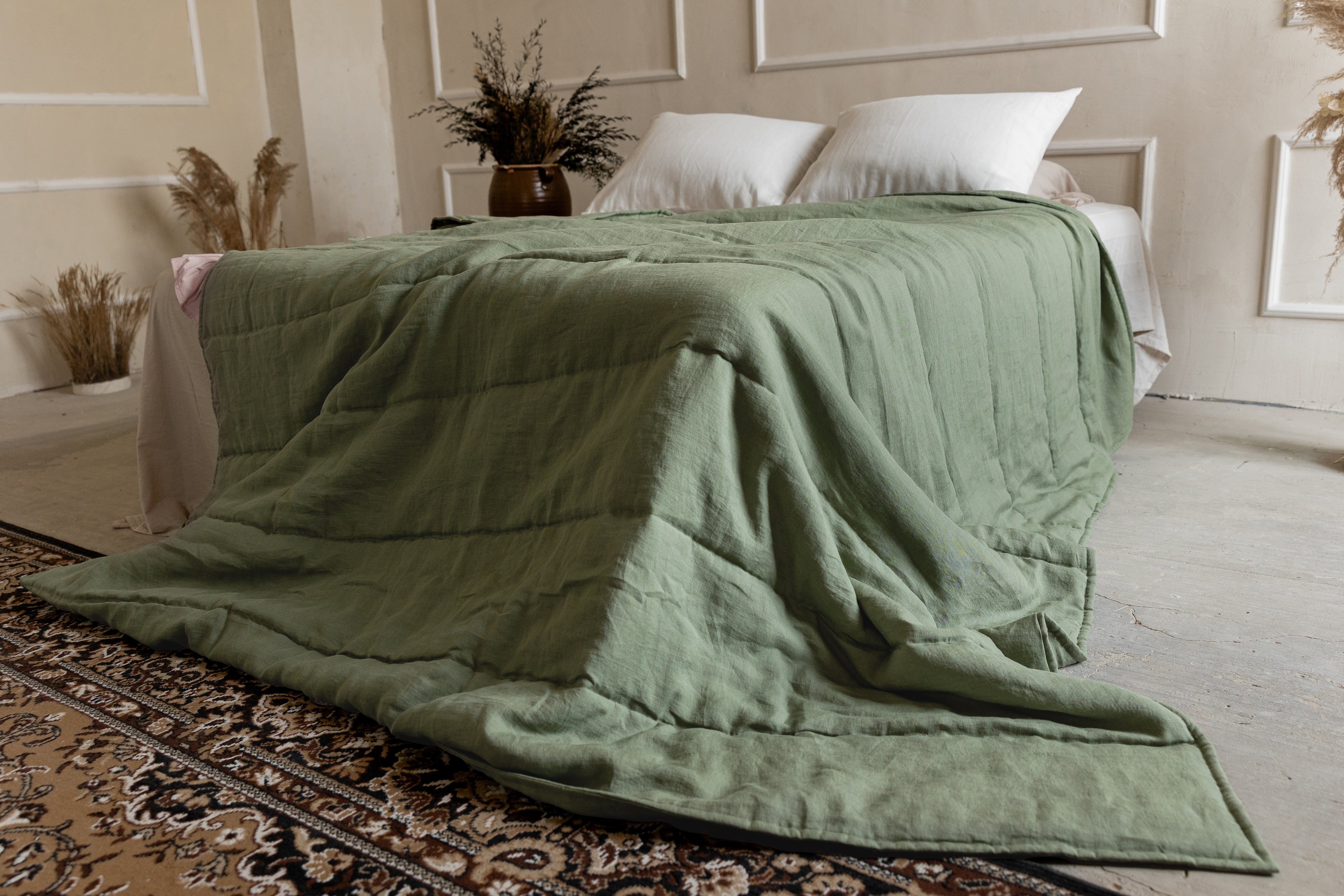 Natural Hemp Linen Blanket "light olive" quilt - linen fabric filled organic Hemp fiber - Full Twin Queen King Custom size