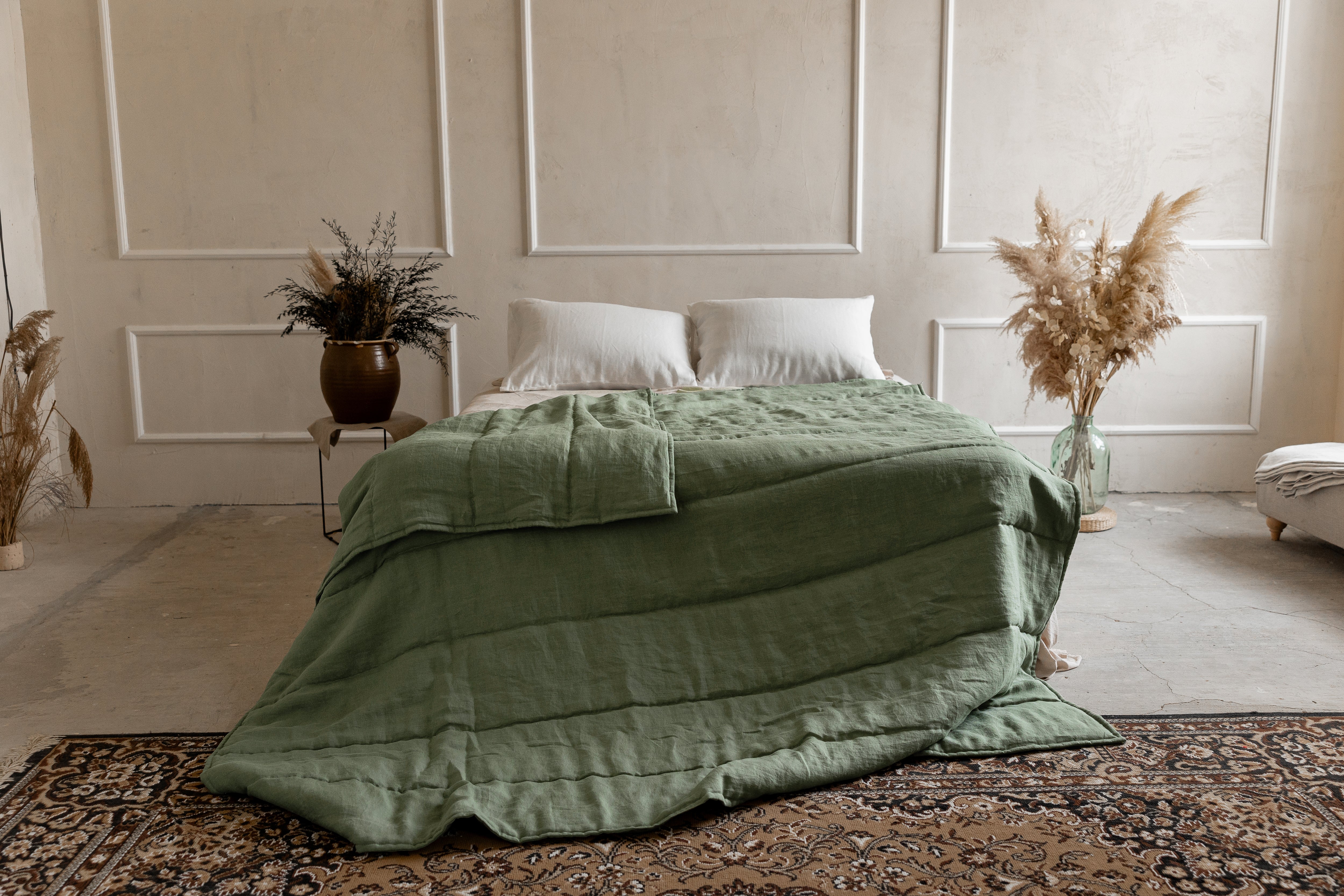 Natural Hemp Linen Blanket "light olive" quilt - linen fabric filled organic Hemp fiber - Full Twin Queen King Custom size