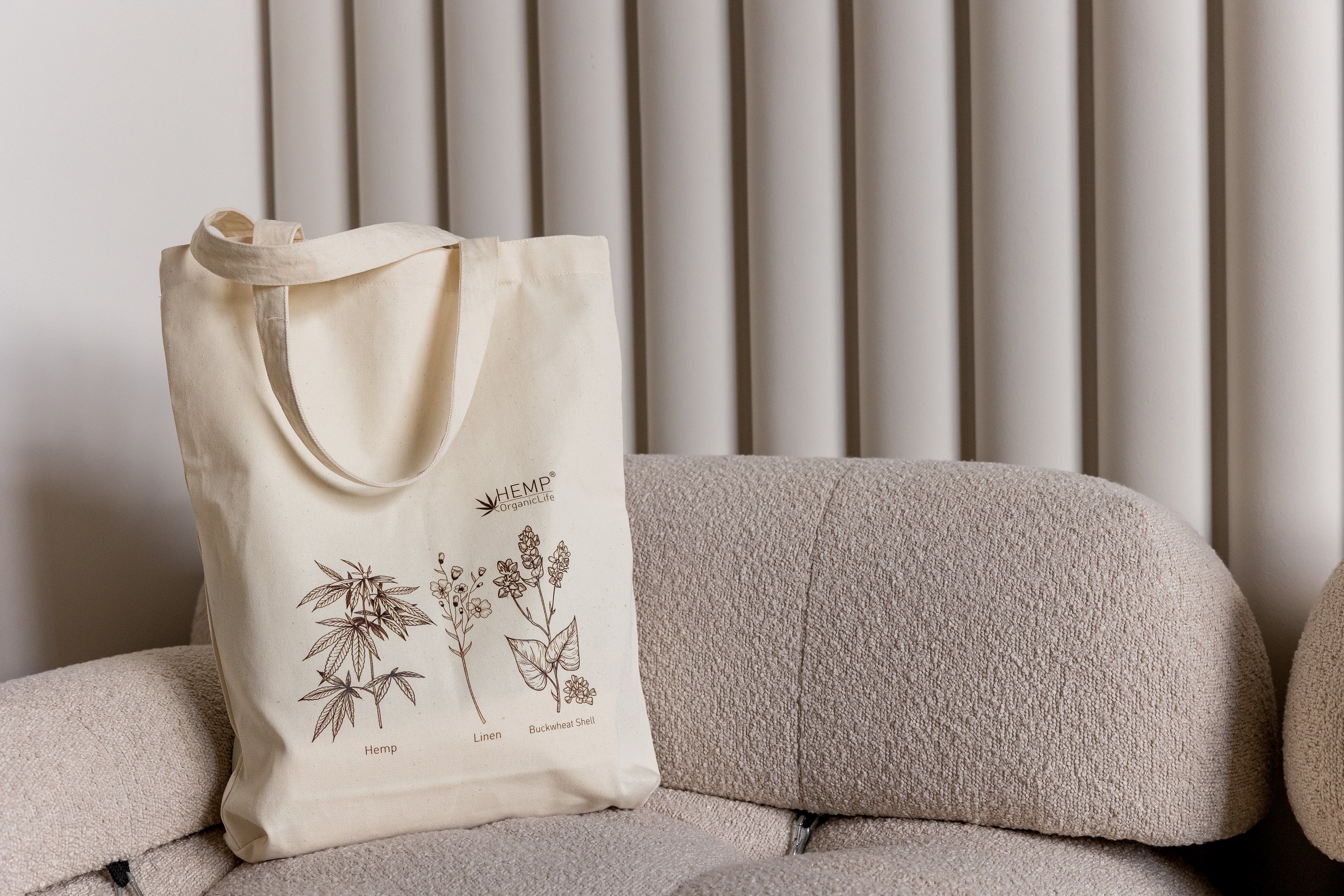 Tote Bag Canvas Bag "Hemp Organic Life" Natural Shopping Bag with print of plants Hemp Linen Buckwheat Hulls Shoulder Bags