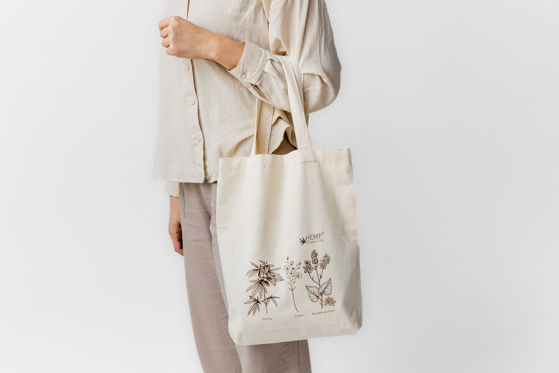 Tote Bag Canvas Bag "Hemp Organic Life" Natural Shopping Bag with print of plants Hemp Linen Buckwheat Hulls Shoulder Bags