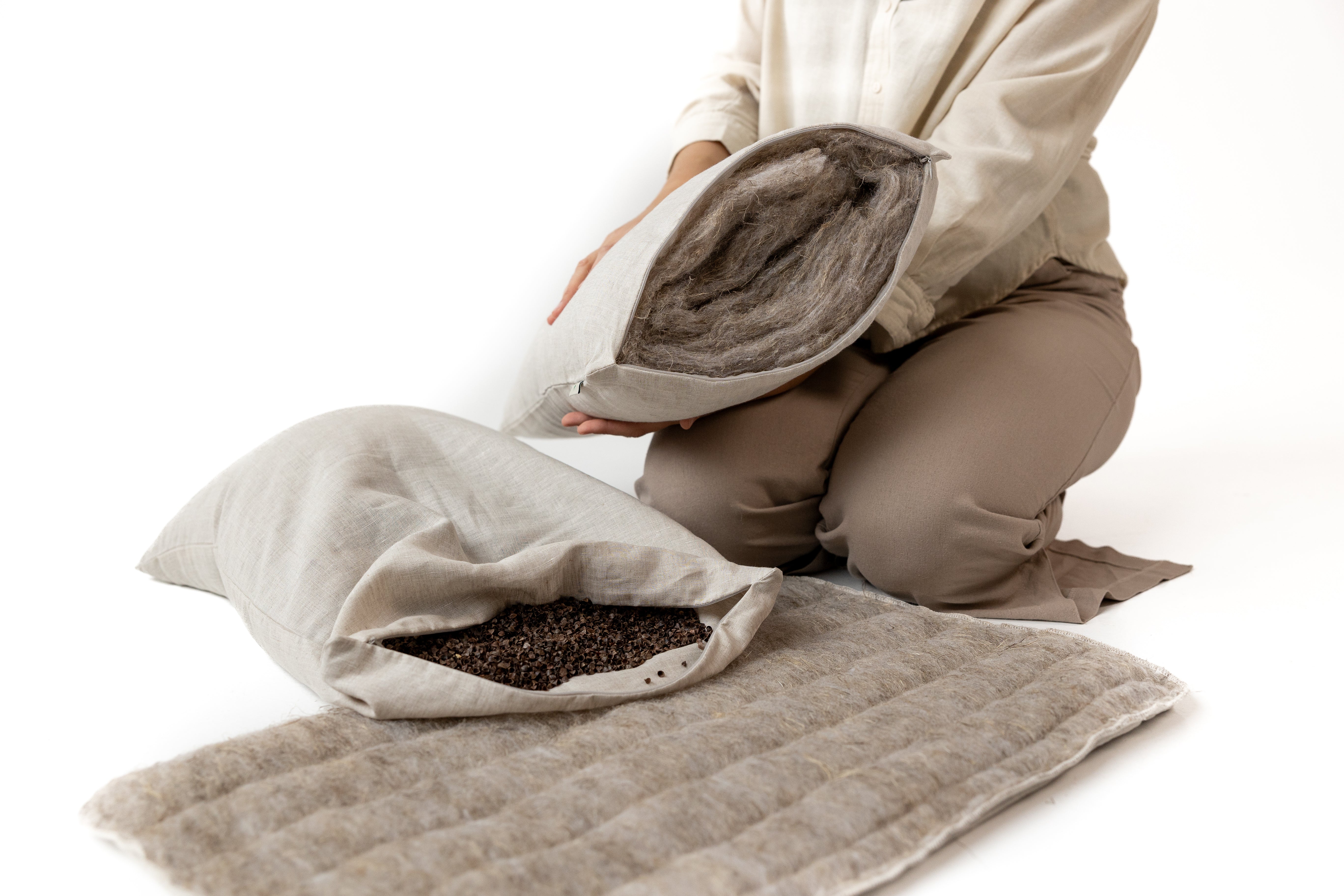 One Cover + Two Pillows Hemp quilted cover with Hemp filled pillow & Buckwheat hulls pillow Natural Choice for Conscious Sleep