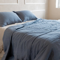 Natural Hemp Linen Blanket "Deep Water" quilt in stripe - Linen fabric filled organic Hemp fiber - Full Twin Queen King Custom Size