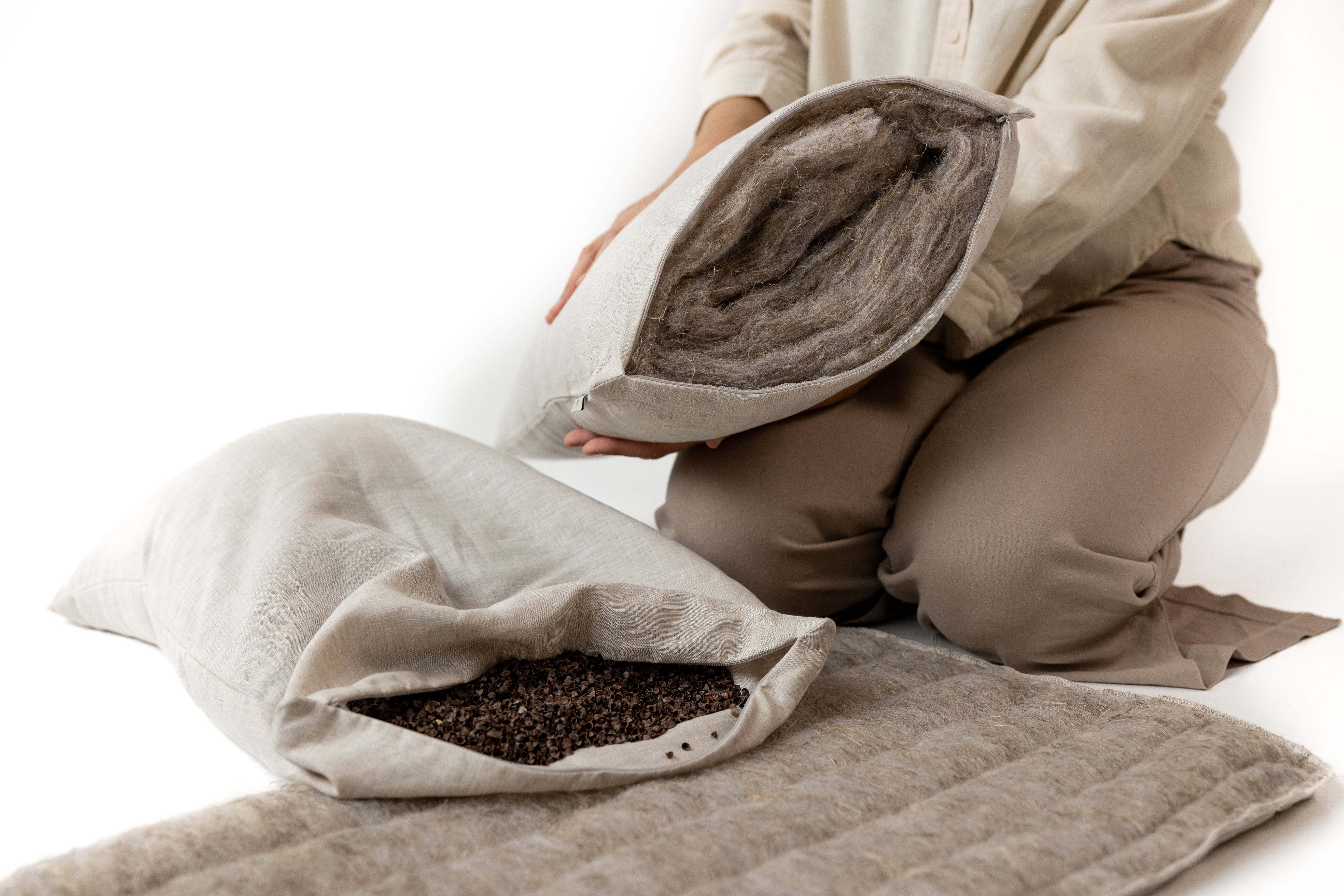 One Cover + Two Pillows Hemp quilted cover with Hemp filled pillow & Buckwheat hulls pillow Natural Choice for Conscious Sleep