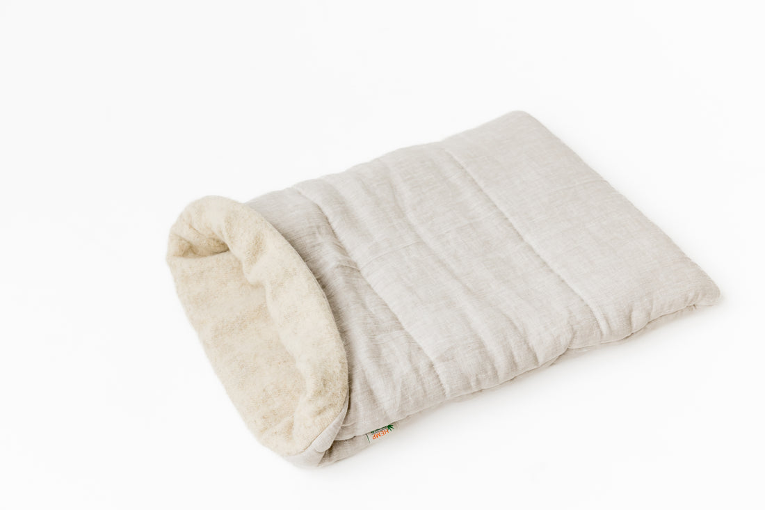 Organic HEMP Dog Snuggle Sack, Burrow Bag, Sleeping Bag, Pet Bed Plaid Blanket filled organic HEMP Fiber in Hemp Linen fabric personalised