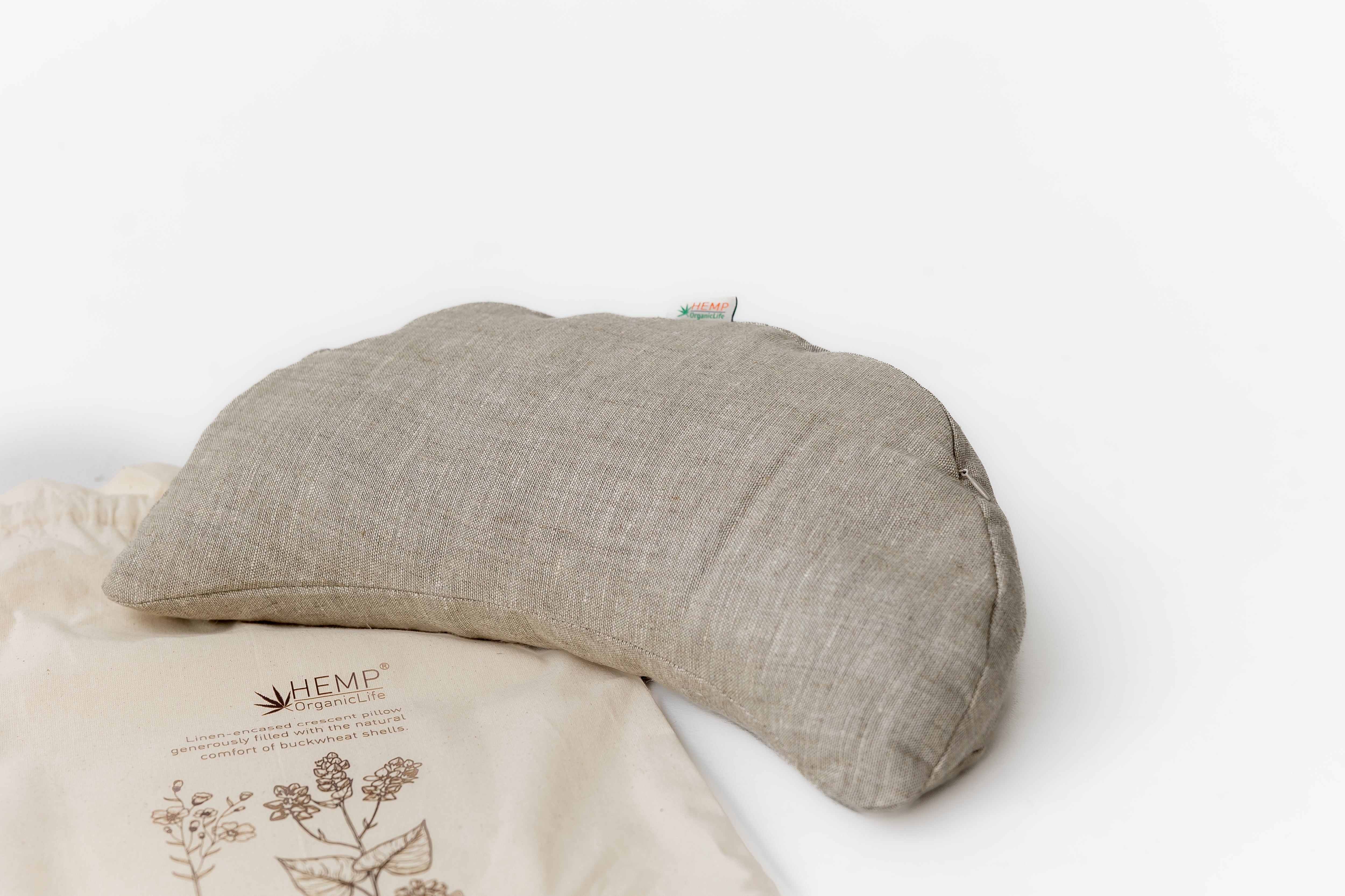 Linen-encased Crescent Pillow filled organic Buckwheat hulls + Gift Bag / meditation cushion