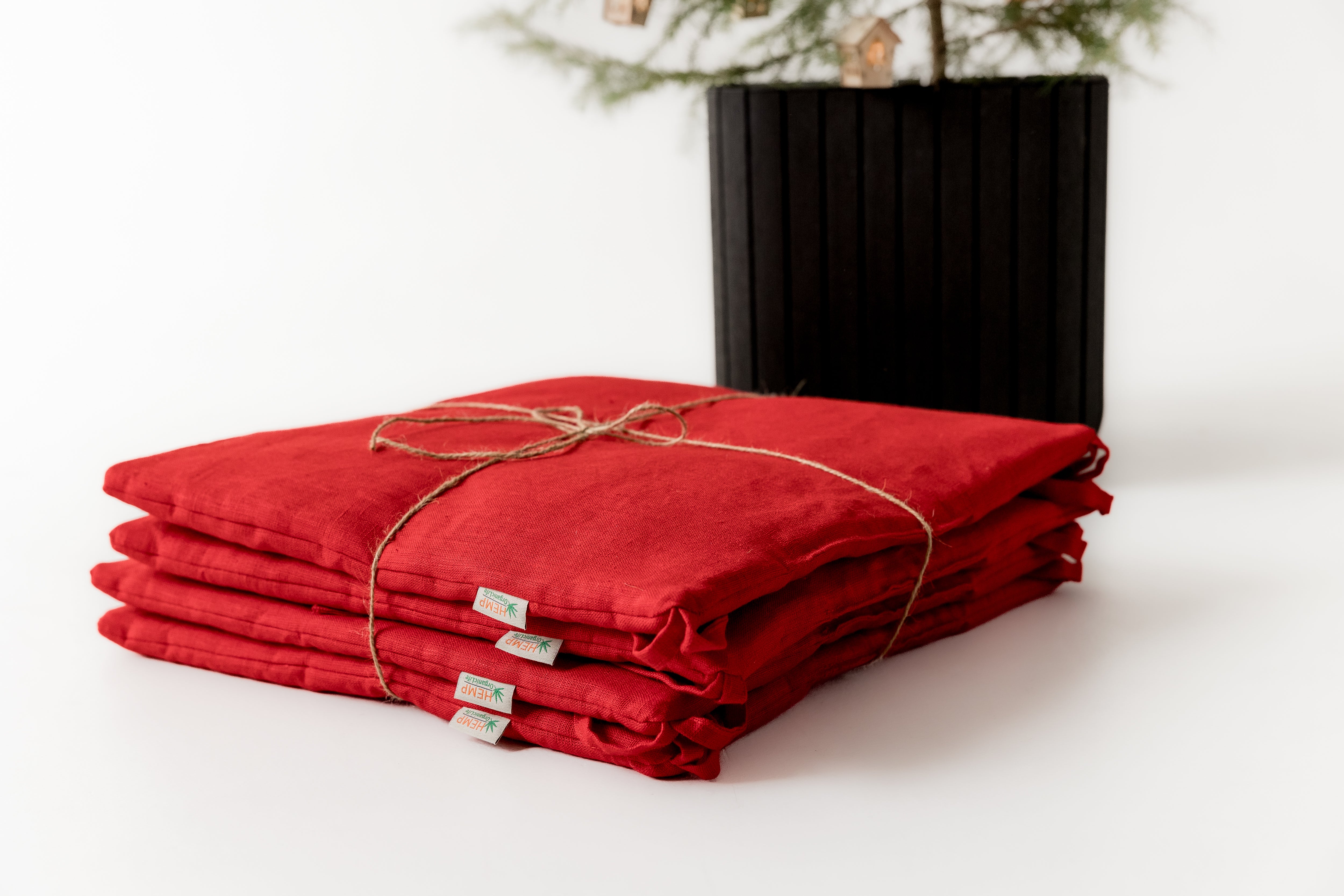 Set of 4 Natural Hemp Linen Seat Cushions for chair with Ties filled organic hemp fiber in Linen fabric Pillow Seat