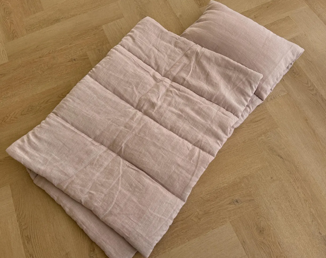 Kindergarten Sleeping Bag with Pillow: Organic Hemp Fiber, Ashen Pink Linen Fabric