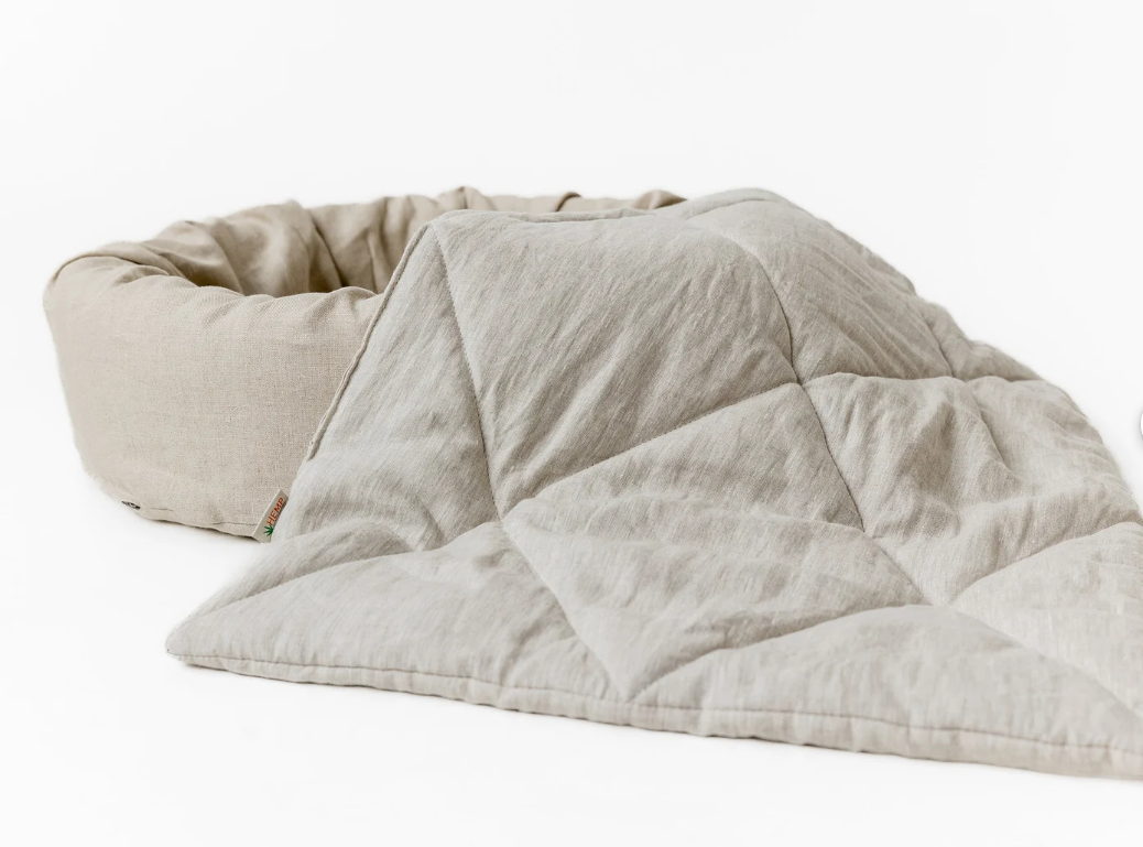 Special listing for Sarah McNamee two oval beds 30" x 20" with removable covers in natural linen in a grey shade and one 30"x47" pet blanket in natural undyed linen