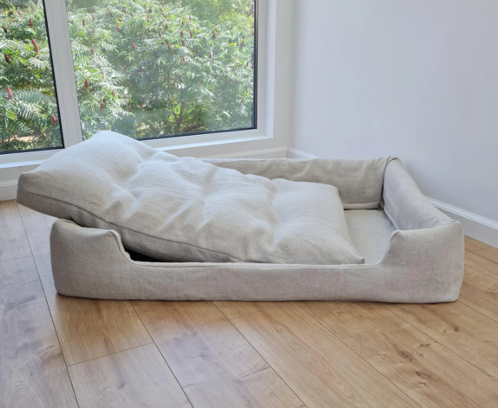 Special listing for Jenna Morse one 42" x 30" rectangular bed with a removable cover in natural thick dark olive cotton fabric with a thick pillow inside