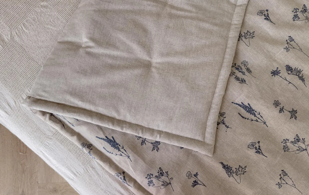 Natural Hemp Blanket in floral design natural linen fabric filled organic Hemp fiber filler Custom size Blanket