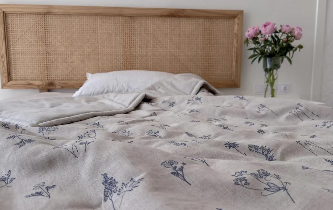 Natural Hemp Blanket in floral design natural linen fabric filled organic Hemp fiber filler Custom size Blanket