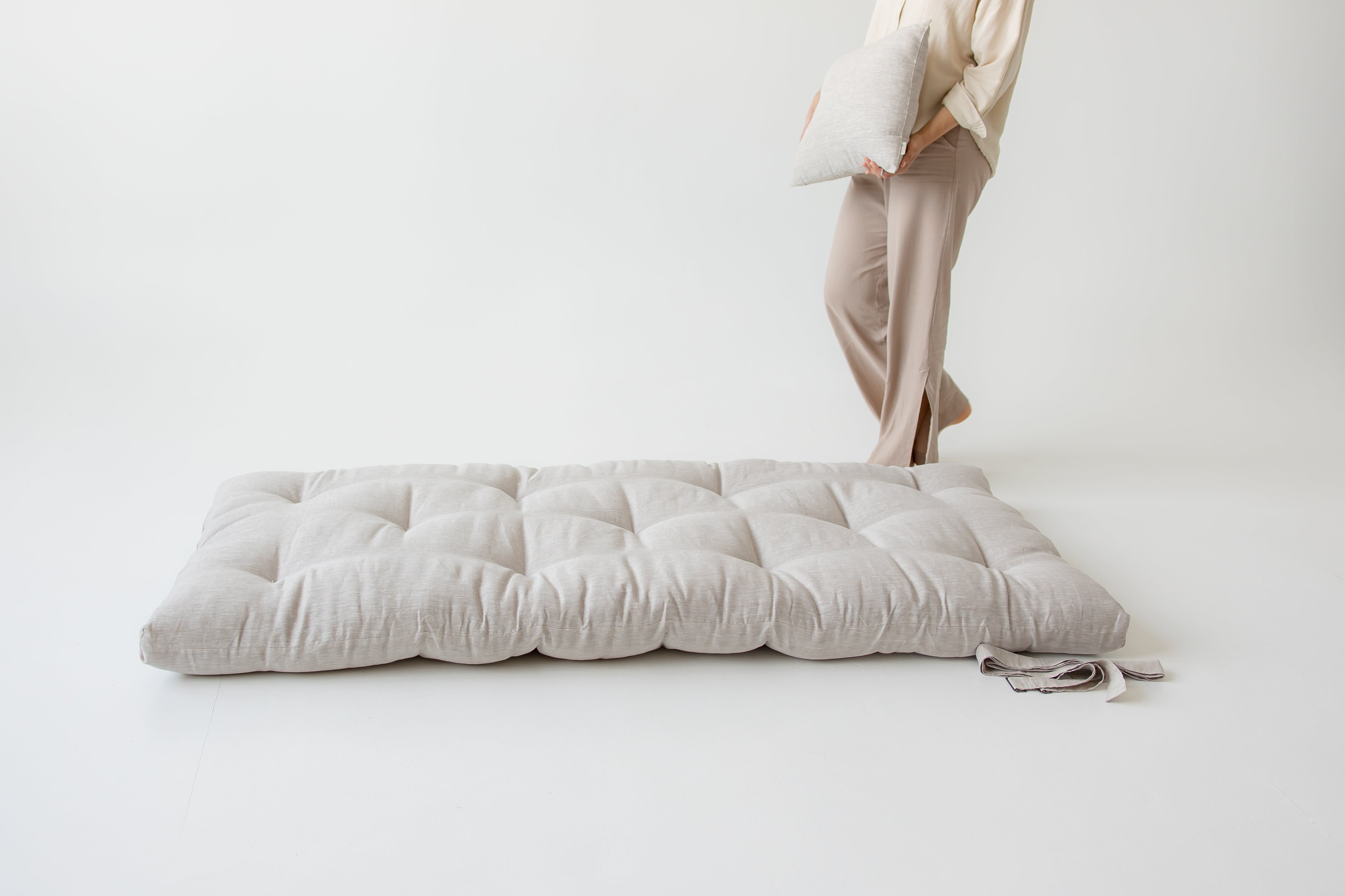 Hemp Linen Shikibuton Mat 3” thick organic mat with hemp fiber filler inside in natural non-dyed Linen fabric