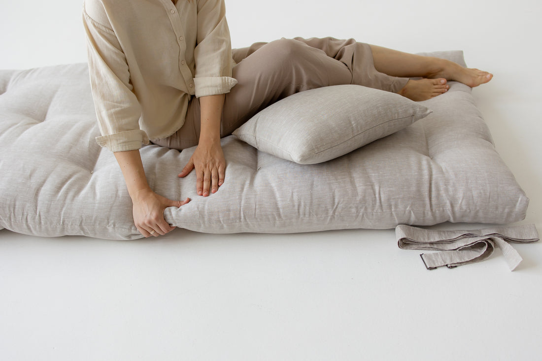 Hemp Linen Shikibuton Mat 3” thick organic mat with hemp fiber filler inside in natural non-dyed Linen fabric