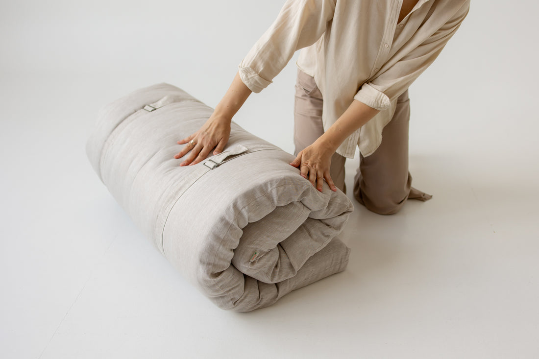 Hemp Linen Shikibuton Mat 3” thick organic mat with hemp fiber filler inside in natural non-dyed Linen fabric