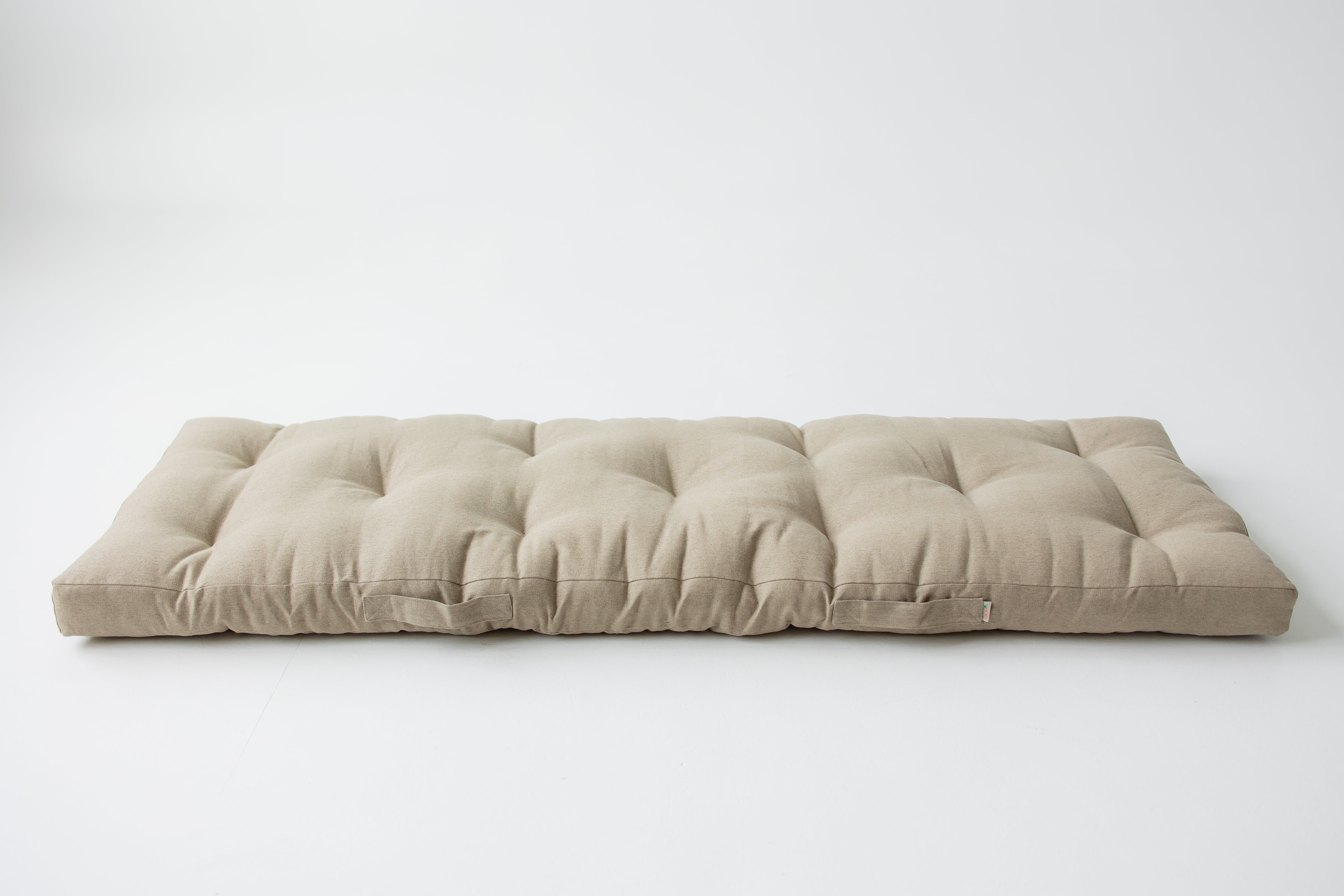 Hemp-filled Linen Shikibuton Mat organic Topper Futon with Hemp Fiber Filler inside in natural non-dyed Linen fabric 3” thickn Roll-up Bed