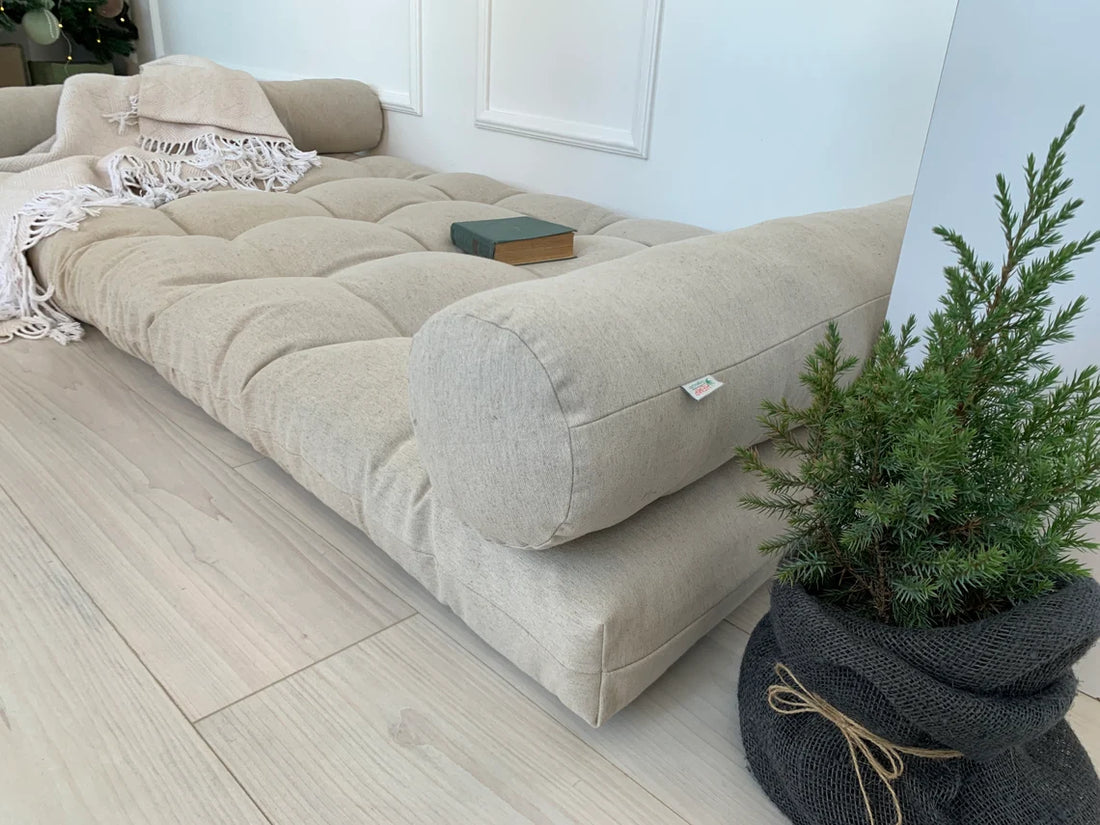 HEMP Mat floor Cushion filled organic hemp fiber filling in natural LINEN fabric Custom made