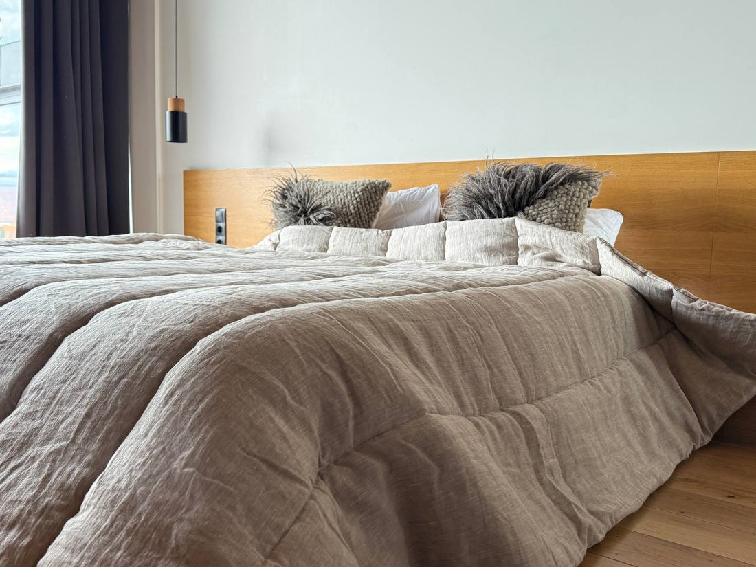 Warm Winter Organic HEMP + FLAX blanket 400 g / m2 in natural undyed linen fabric grey shade with filler created from organic Hemp fiber