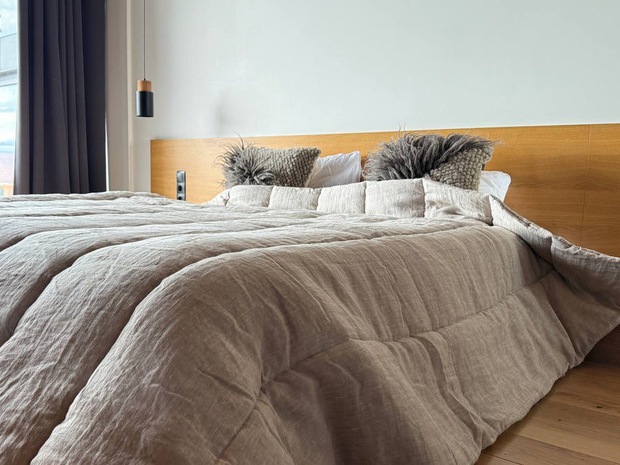 Warm Winter Organic HEMP + FLAX blanket 400 g / m2 in natural undyed linen fabric grey shade with filler created from organic Hemp fiber