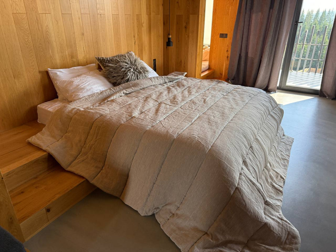 Warm Winter Organic HEMP + FLAX blanket 400 g / m2 in natural undyed linen fabric grey shade with filler created from organic Hemp fiber