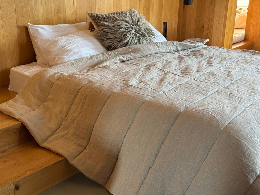 Warm Winter Organic HEMP + FLAX blanket 400 g / m2 in natural undyed linen fabric grey shade with filler created from organic Hemp fiber