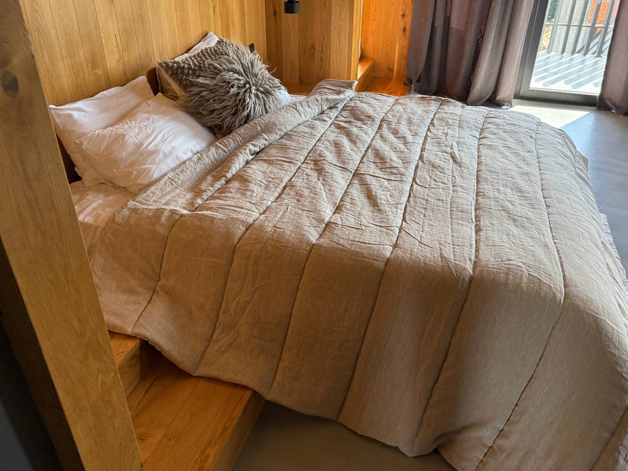 Warm Winter Organic HEMP + FLAX blanket 400 g / m2 in natural undyed linen fabric grey shade with filler created from organic Hemp fiber