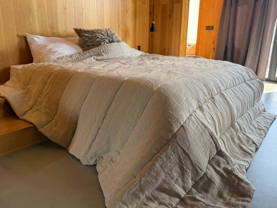 Warm Winter Organic HEMP + FLAX blanket 400 g / m2 in natural undyed linen fabric grey shade with filler created from organic Hemp fiber