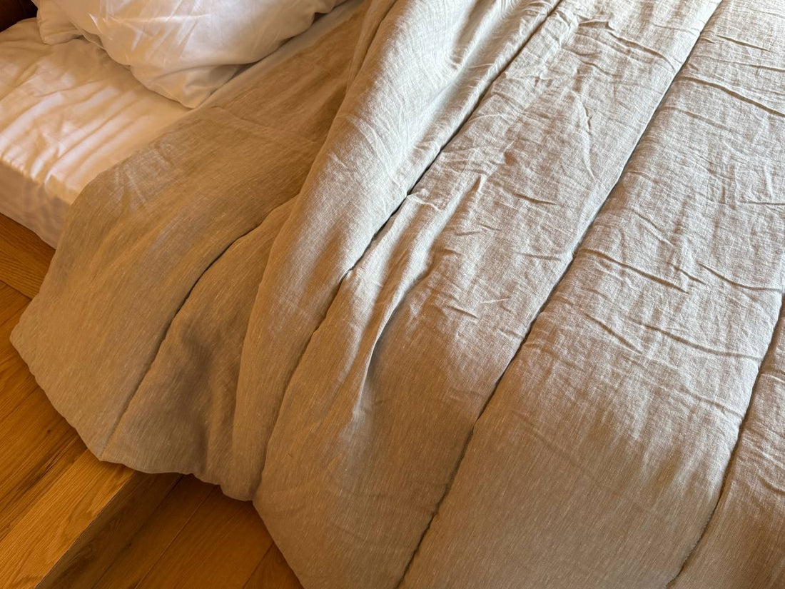 Warm Winter Organic HEMP + FLAX blanket 400 g / m2 in natural undyed linen fabric grey shade with filler created from organic Hemp fiber