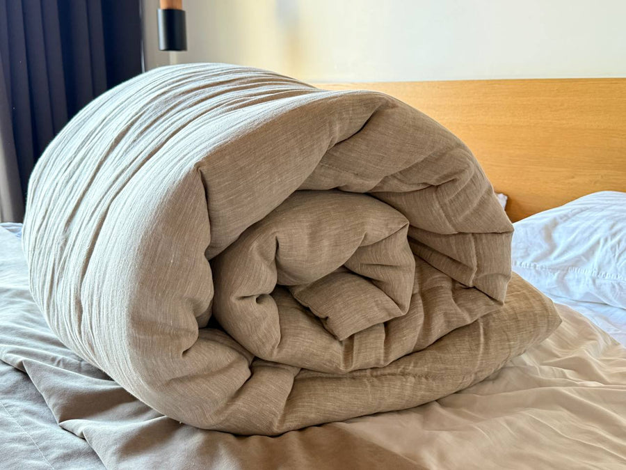 Warm Winter Organic HEMP + FLAX blanket 400 g / m2 in natural undyed linen fabric grey shade with filler created from organic Hemp fiber