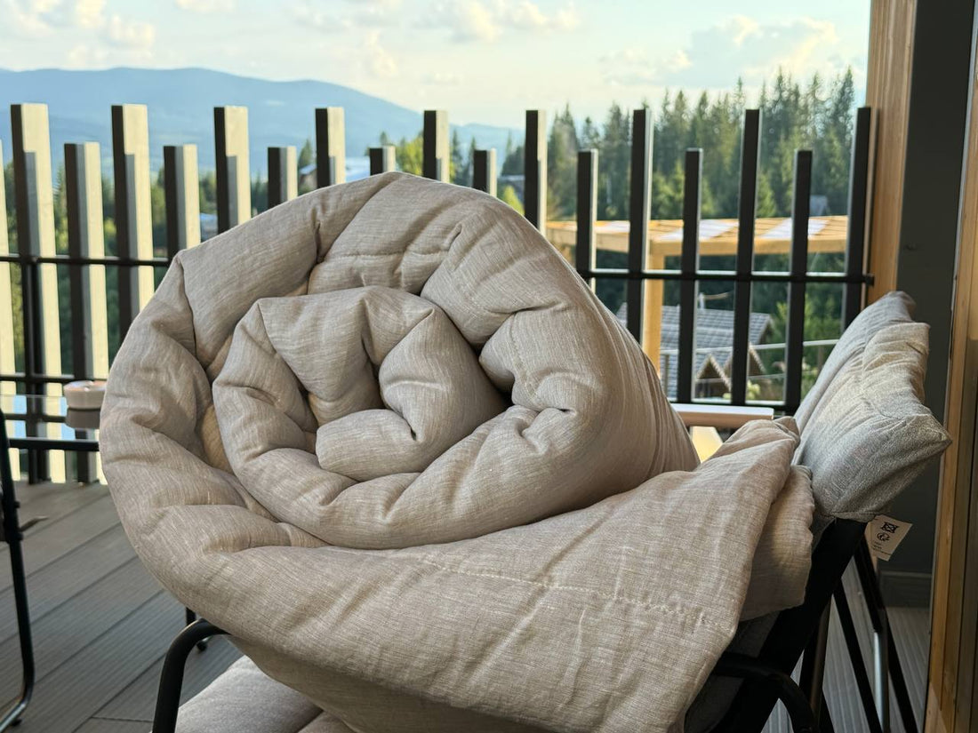 Warm Winter Organic HEMP + FLAX blanket 400 g / m2 in natural undyed linen fabric grey shade with filler created from organic Hemp fiber