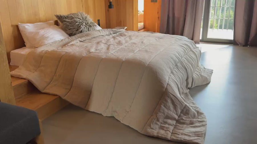 Warm Winter Organic HEMP + FLAX blanket 400 g / m2 in natural undyed linen fabric grey shade with filler created from organic Hemp fiber