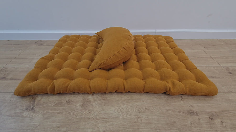 Set of linen meditation mustard Cresсent cushion + mat floor cushion 23" x 35" filled with buckwheat hulls