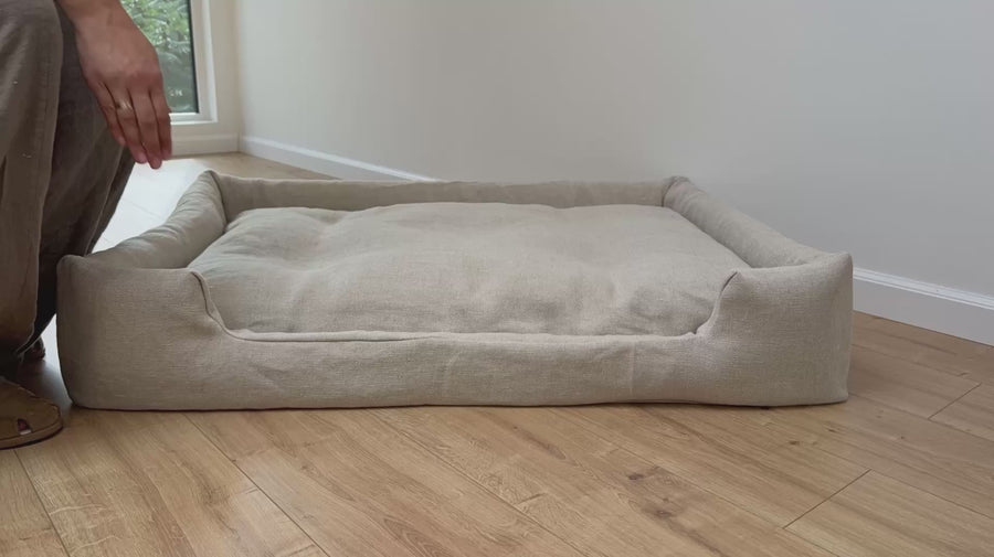 Hemp Pet Bed Removable Washable Natural Linen Cover Bed Filled Organic Hemp Fiber Filler - with thick topper inside - house for cats dogs