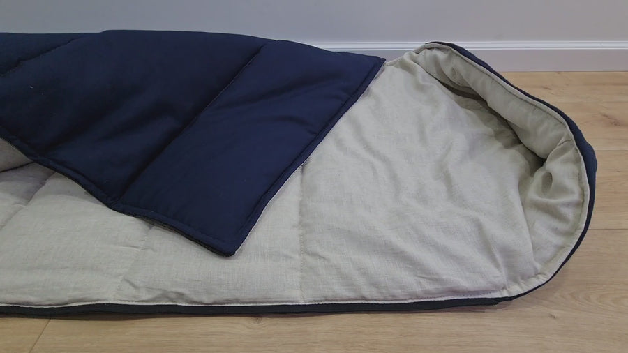 Natural Kids HEMP Linen Sleeping Bag with Hood in dark blue School Nap mat for Kids, camping van sleeping bag organic hemp fiber filling