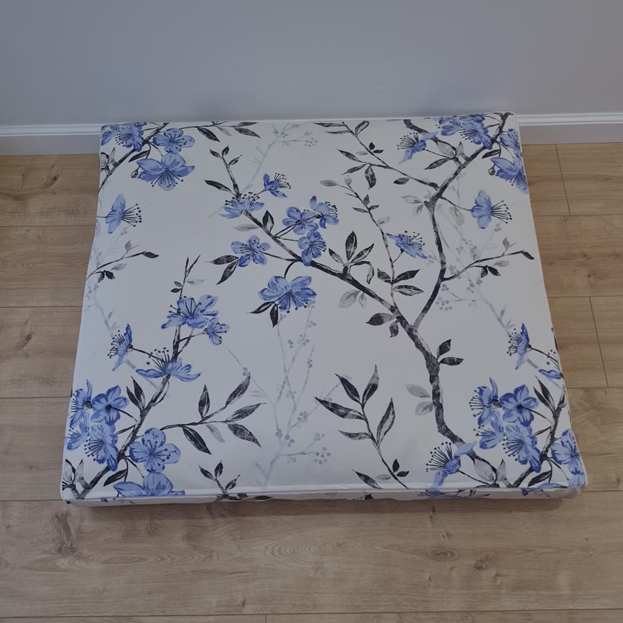 Hemp Pet Mat Pad Cushion Removable Cotton Water Repellent Cover in blue flower on white Organic Hemp Fiber Filler Padded Dog