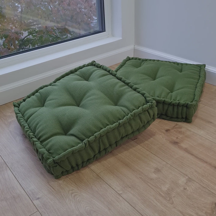 16" x 16" (40x40 cm) Green Hemp Linen Floor cushion filled organic Hemp Fiber in natural linen fabric
