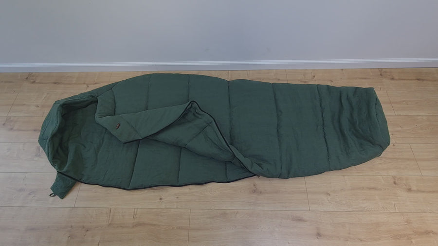 HEMP natural Sleeping bag with hood thick organic hemp fiber filling inside in linen dark green fabric hand made