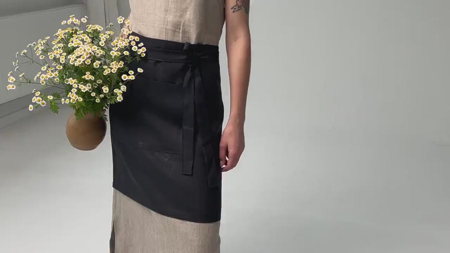 HEMP Black Apron waist apron, natural hemp bistro apron half apron with pockets Personalized Embroidery Apron for women, men