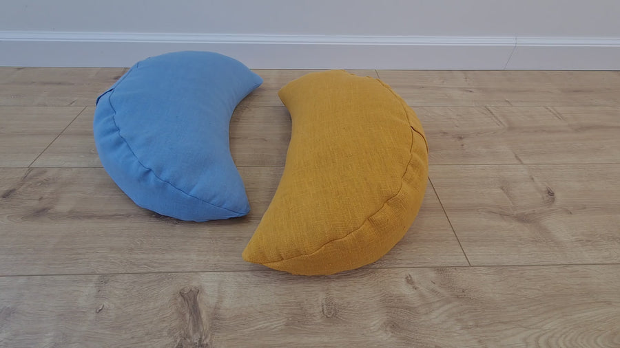 Set of two Yellow & Blue meditation natural Crescent linen cushions filled with buckwheat hulls gift for him for her Yoga support pillow