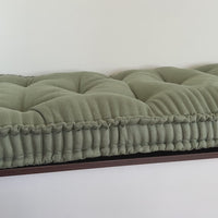 Hemp Custom made Window Mudroom Floor bench cushion filled organic hemp fiber in natural olive green linen fabric unique all natural pillow