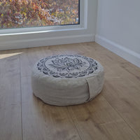 D14"x4.7" (35 x 12 cm) HEMP Zafu floor cushion with Buckwheat hulls with Lotus print /Organic Meditation cushion/ pillow seat/ Yoga