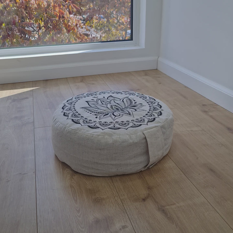 D14"x4.7" (35 x 12 cm) HEMP Zafu floor cushion with Buckwheat hulls with Lotus print /Organic Meditation cushion/ pillow seat/ Yoga