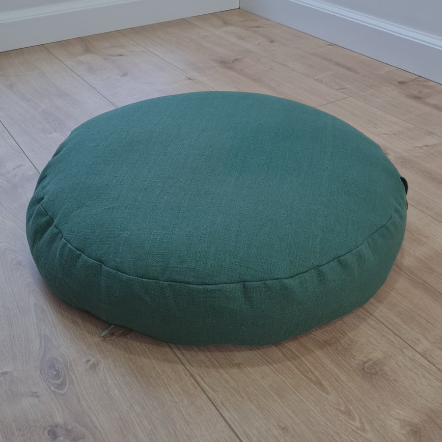 D 16.5"x H 3.15" (D 42 x H 8 cm) Zafu Green Linen floor cushion with Buckwheat hulls /Organic Meditation cushion/buckwheat