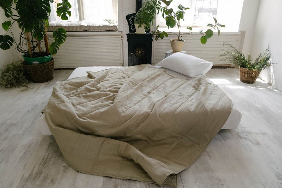 Organic Hemp Linen Blanket "Olive Beige" quilt Hemp Fiber Filler Linen Natural Fabric Full Queen King Twin Custom size