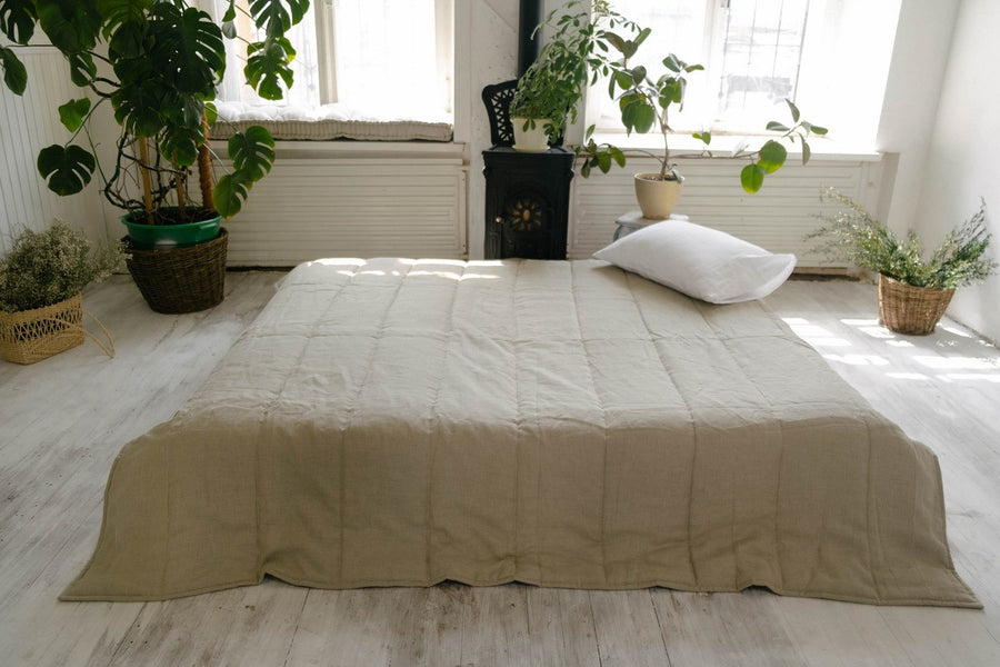 Organic Hemp Linen Blanket "Olive Beige" quilt Hemp Fiber Filler Linen Natural Fabric Full Queen King Twin Custom size