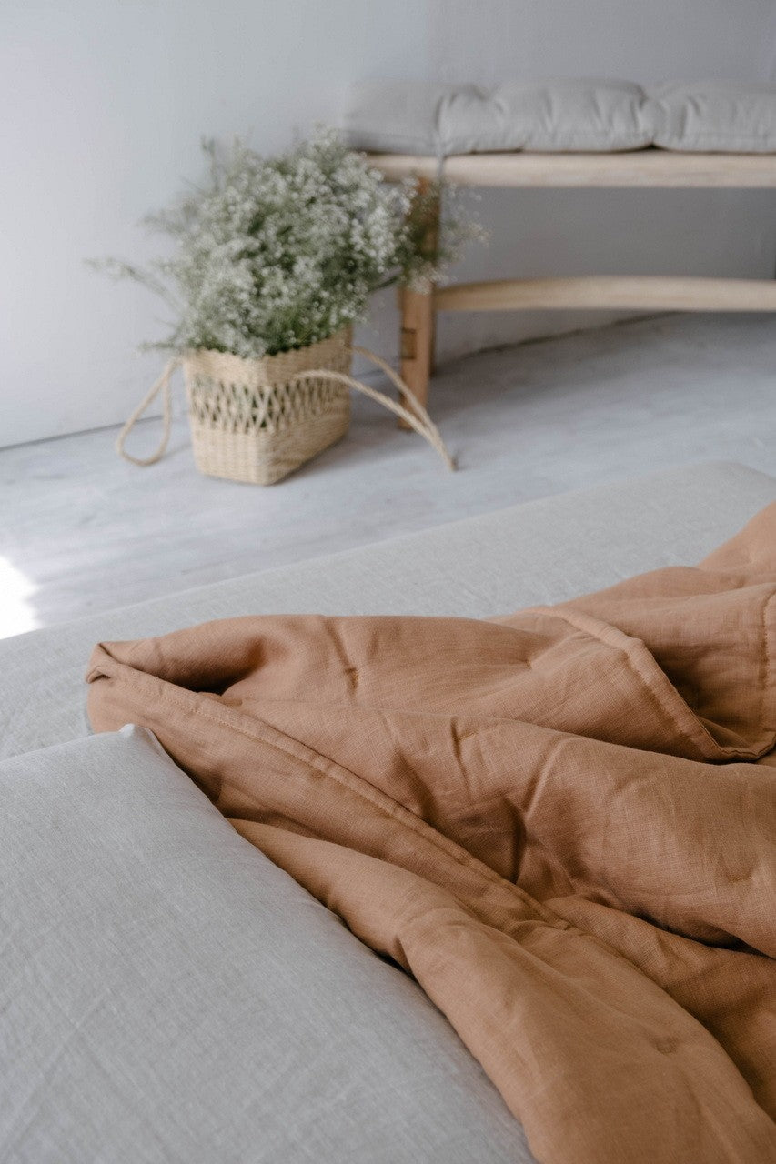 Soft Natural HEMP Linen blanket organic Hemp fiber filling in Natural Linen Fabric Full Twin Queen custom size cozy organic quilted blanket